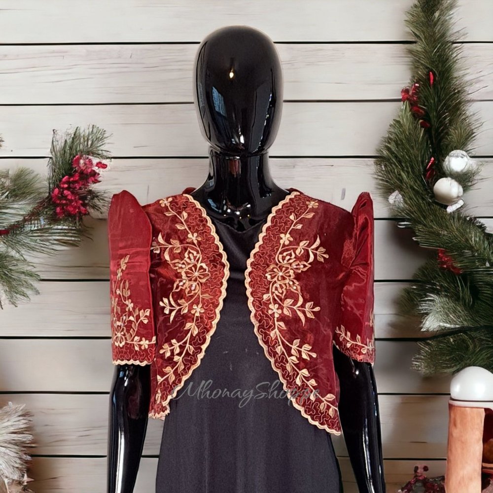 Maroon-Modern Filipiniana Bolero with Mestiza Sleeves